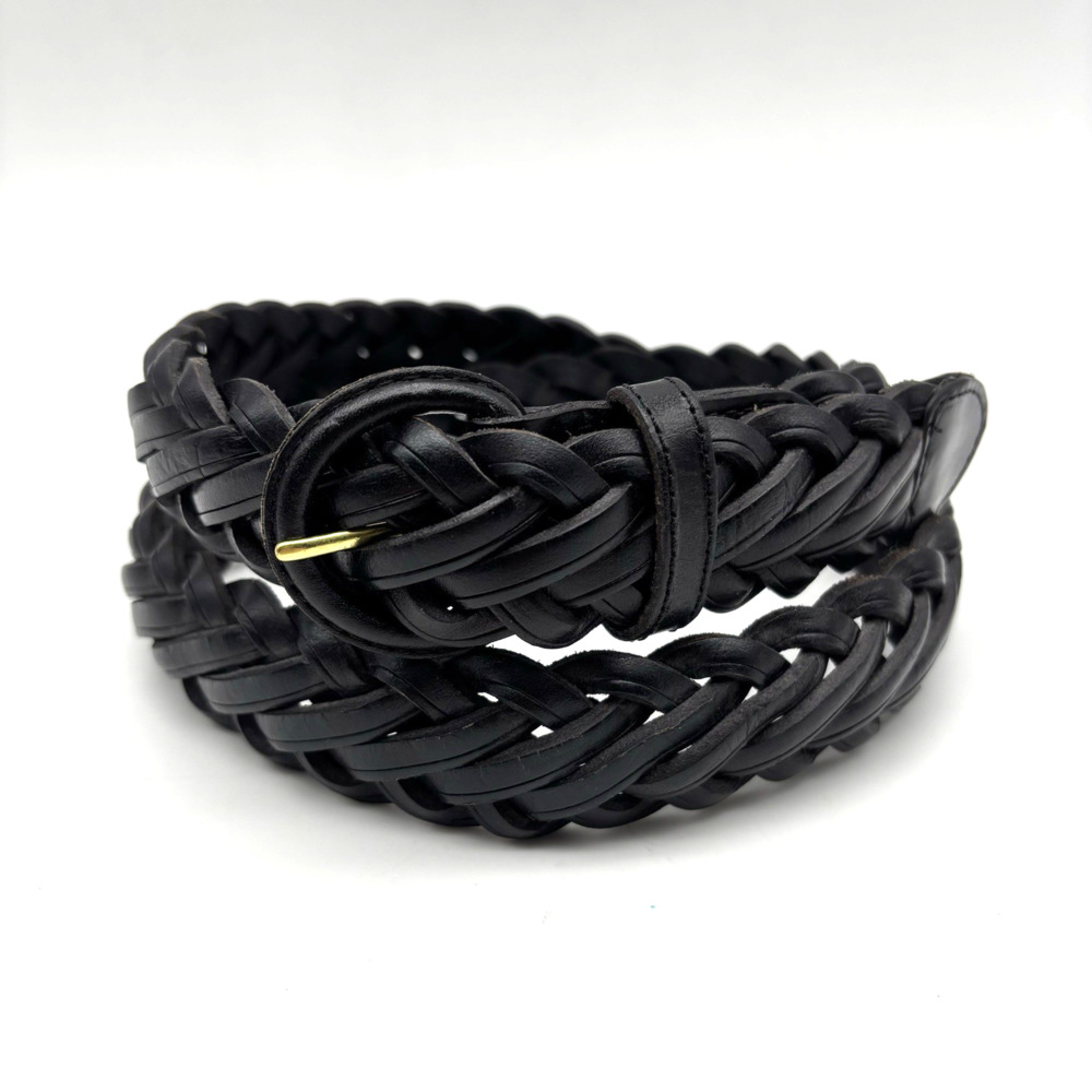 Vintage 90s Scandia Wood Black Cowhide Leather Braided Woven Belt M 34-36"